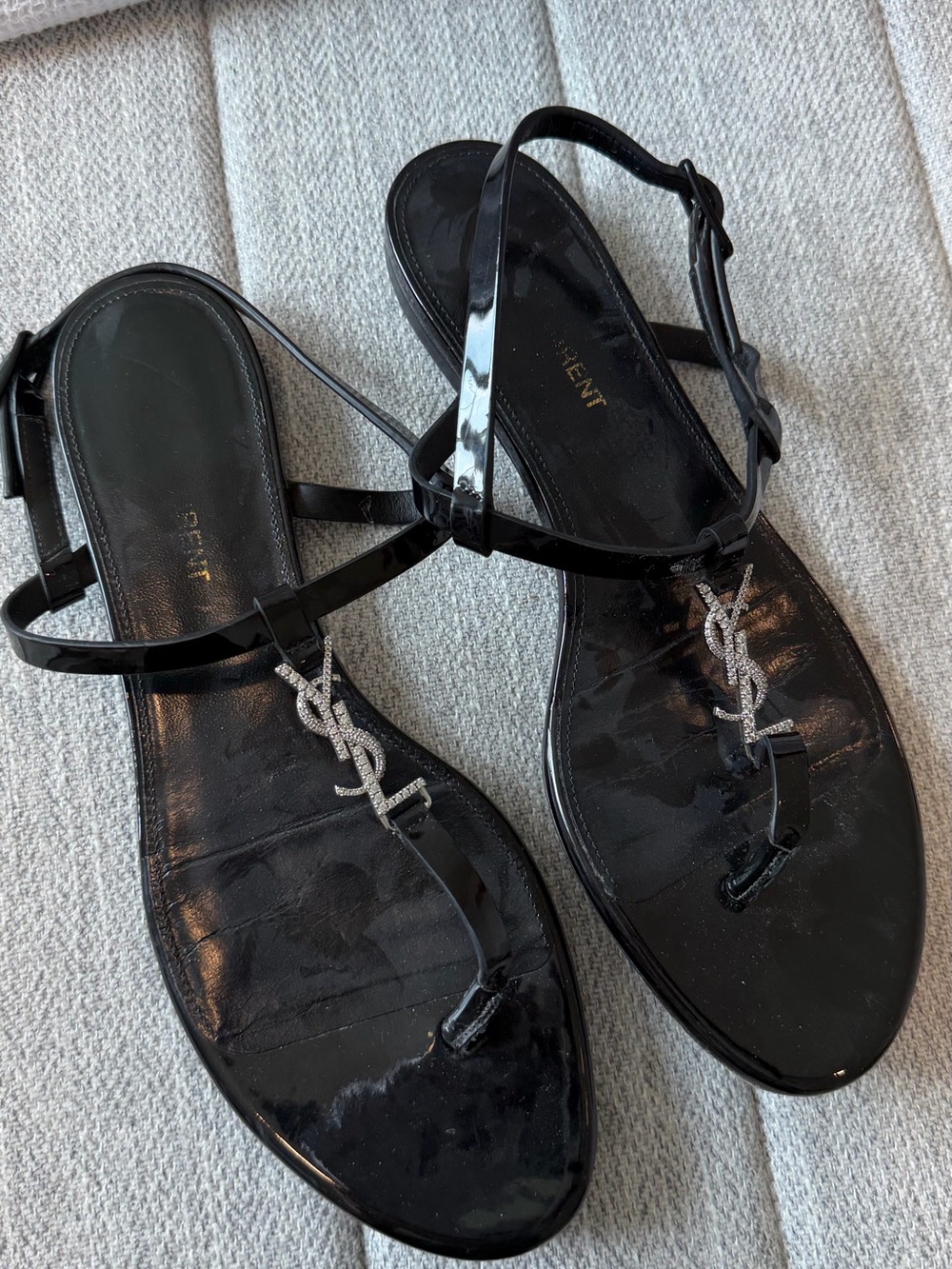 Saint Laurent Black Patent Leather Logo T-Strap Sandals